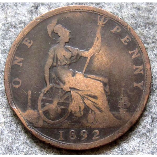 1892 UNITED KINGDOM QUEEN VICTORIA BRONZE COMPOSITION 1-PENNY COIN