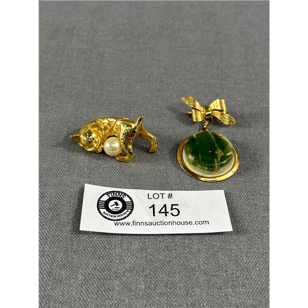 Lovely Vintage Bow Brooch w/ Stone Drop (Gold Dust) and Cute Gold Cat Playing w/ Pearl Figure