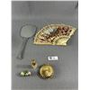 Image 1 : Vintage Hand Mirror, Fan, Lipstick Holder w/ Mirror, Perfume Bottle and Candle Holder
