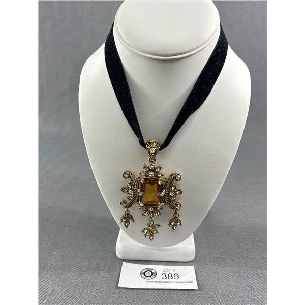 Wonderful Topaz Glass Stone Center w/ Rhinestones Pendant + Black Velvet Chain Necklace