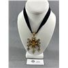 Image 1 : Wonderful Topaz Glass Stone Center w/ Rhinestones Pendant + Black Velvet Chain Necklace