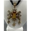 Image 2 : Wonderful Topaz Glass Stone Center w/ Rhinestones Pendant + Black Velvet Chain Necklace