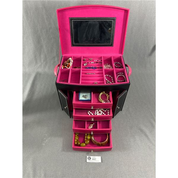 Large Pink & Black Jewelry Case w/ Assorted Jewelry