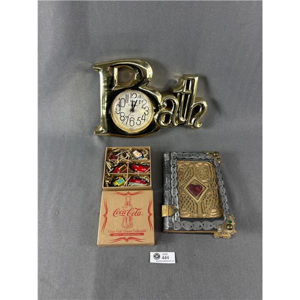 Home Décor Lot - Bath Clock, Decorative Book & Coca-Cola Series 3 -Vehicles & Icons Classic Collecta