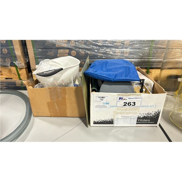 2 BOXES OF ASSORTED EDWARDS COMMERCIAL LABORATORY PARTS, STRAINER & CAST UNIT