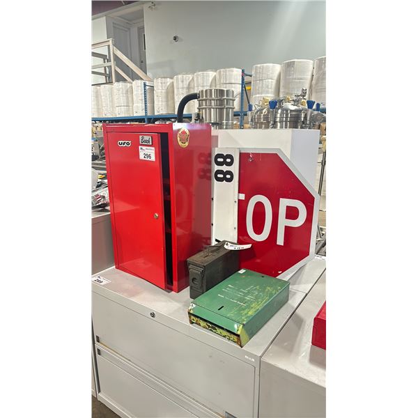 RED METAL 3 TIER TOOL BOX ( 16.5"W X 10"D X 28"H ), METAL AMMUNITION BOX, GREEN METAL LENS CLEANING