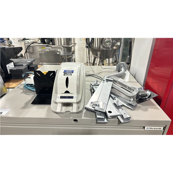 IDP SMART-50S CARD PRINTER, GREY METAL MONITOR MOUNT, 7 SLATWALL MOUNTING BRACKETS, POWER CORDS &
