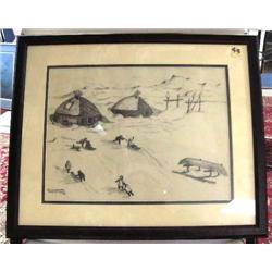 Framed and double-matted print by Florence Malewotkuk of Alaskan Native children sledding (2)