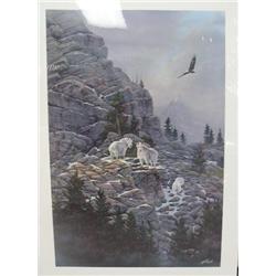 CHOICE on 6: signed print by Kelley done in 1989 of 3 goats and an eagle- 30 x 20 (23)