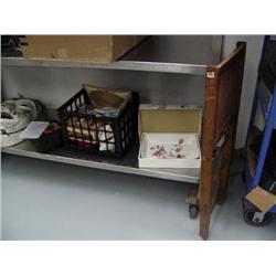 Lot of: lasagna pan made by Miksik, ultra cream bake and serve dish, milk crate full of misc., wood 