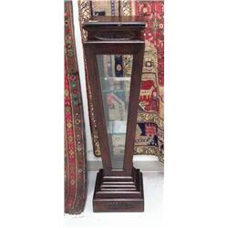 Art deco style beveled glass surround, open top, 1 door display cabinet with glass shelves- has dent