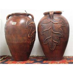 Pair of large vases with leaf design approx.. 10.5" tall 12" wide (130)