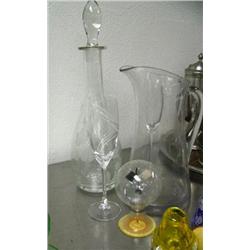 Lot of: Sterling silver bowl, three paperweight, etched glass decanter, heavy glass water jug, sign,