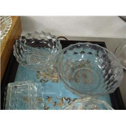 Lot of: Fostoria glass consisting of a butter dish, divided dish, vegetable dish and salsa bowl and 