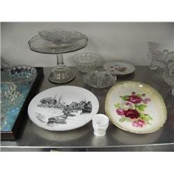 Lot of: hand painted dishes, pressed glass cake platter, 3 nice pressed glass bowls(130)