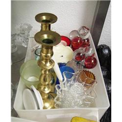 Lot of: Beautiful set of glass double candlesticks - Fostoria? Pressed glass bowl, perfume bottle, a