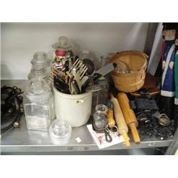 Lot of: wood cutting board, set of glass canisters with round glass stoppers, old sourdough crock, b