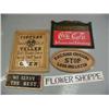 Image 1 : Lot of: Wood fortune teller sign, Coke sign, railroad sign, "We serve the best", flower shop sign (4