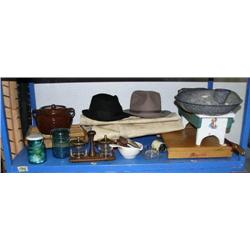 Lot of: hat stretcher, old hats, paper cutter, ulu, bean pot, granite wear bed pan, etc.(130)