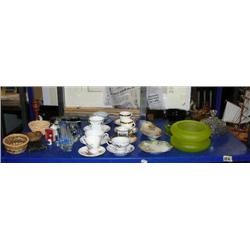 Lot of: 2 butter dishes, piece of Vaseline glass, block glass, 2 satin glass bowls, RS Prussia plate