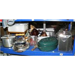 Lot of: vintage electric waffle iron, popcorn maker, wood stool, pottery teapot, Zenith radio, butch