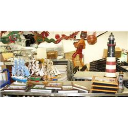 Lot of Nautical décor: 3 model ships, large lighthouse, small metal lighthouse, 3 shadow boxes, 5 fr