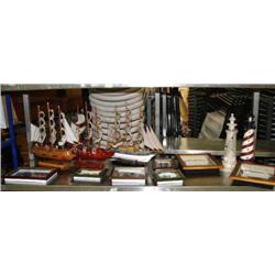 Lot of Nautical décor: 3 model ships, 2 lighthouses, 2 shadow boxes, 5 framed items: 3 seashells, bu
