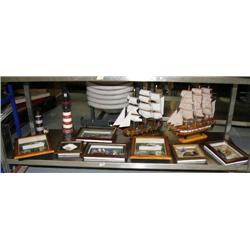 Lot of Nautical décor: 2 model ships, 2 lighthouses, 2 shadowboxes, 5 framed items: ships, butterfly