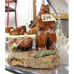 Pair of wood carved bear and soapstone salmon- 6-1/2" at highest and 5-1/2" wide (2)