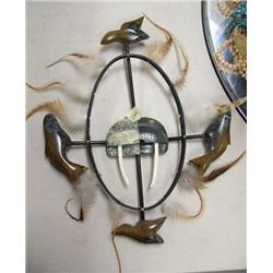 Soapstone spirit mask with walrus head as center-piece with ivory tusks (2)