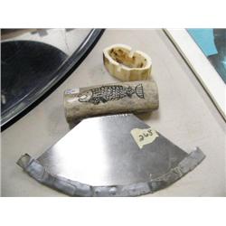 Ulu with bone handle and base - handle has a drawing of a fish (2)