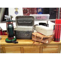 Lot of: Golf bag telephone, travel case by American Tourister and lunch pack with 2 thermoses, box, 