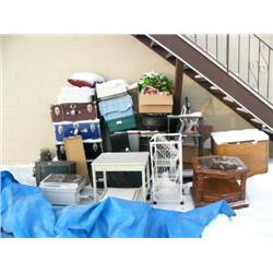 Lot of: 3 TVs, Xerox machine, speakers, trunks/chests, end tables, etc. (128)