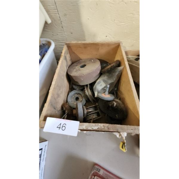 Box of pulleys, wires wheel cups, drill grinding