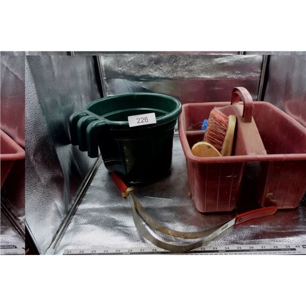Cleaning brushes, wash bucket, flex saw, Feed Bucket and Horse Shedder