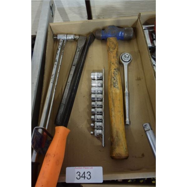 Ball peen hammer, ratchet, sockets, cold chisel,