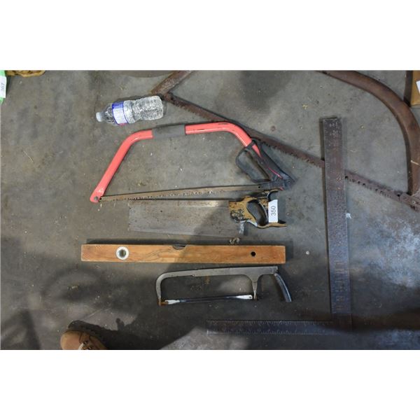 Hacksaw, carpenters square, wood saws, 2 ft level