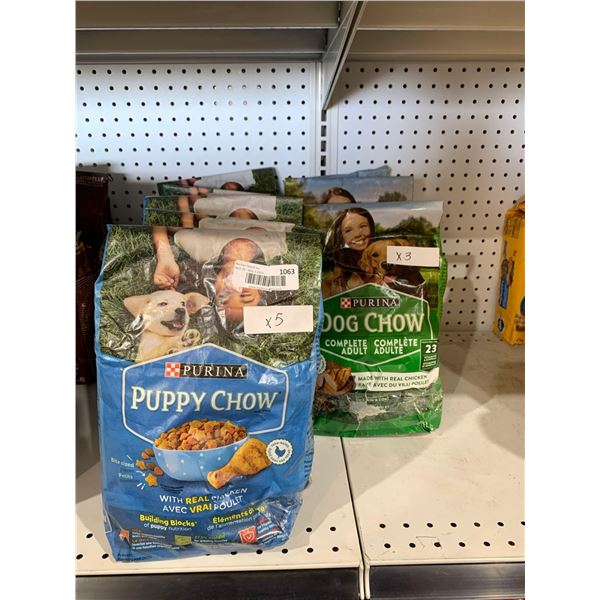 Purina chicken flavor puppy and dog chow food. 5 bags of puppy chow, 3 bags of dog chow