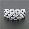 Image 1 : 14k White Gold Royal Blue Enamel Dot Tufted Grid w/ Dual Finish Wide Band Ring