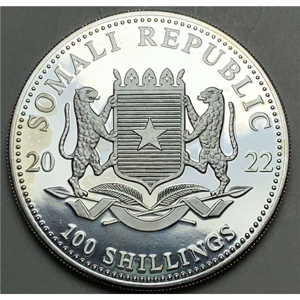 2022 Somali Republic 100 Shillings African Wildlife "Elephant" Proof 1 ozt .9999 Silver