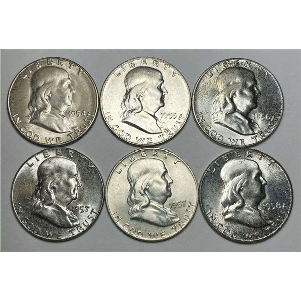 1954-S-1958 Franklin Silver Half Dollar MS64-65 (6-coins)