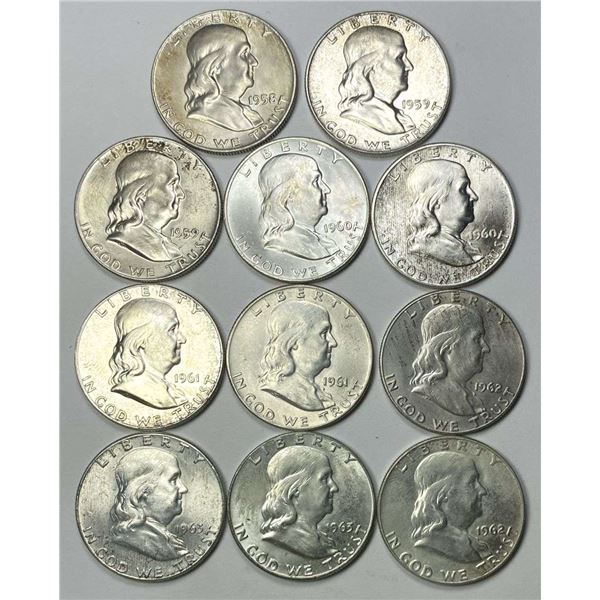 1958-D-1963-D Franklin Silver Half Dollar MS64-65 (11-coins)