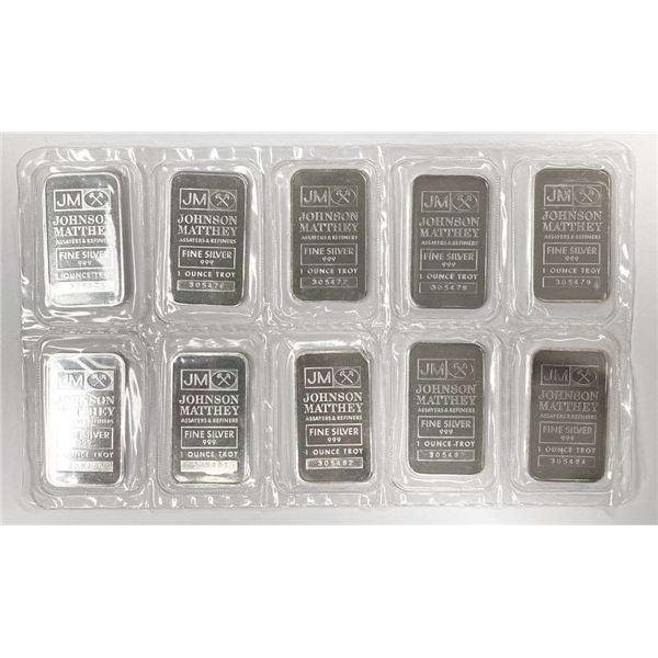 (10) Johnson Matthey 1 ozt .999 Silver Bars