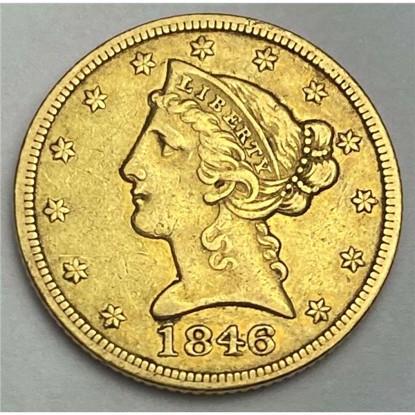 1846 Gold $5 Liberty Head AU53