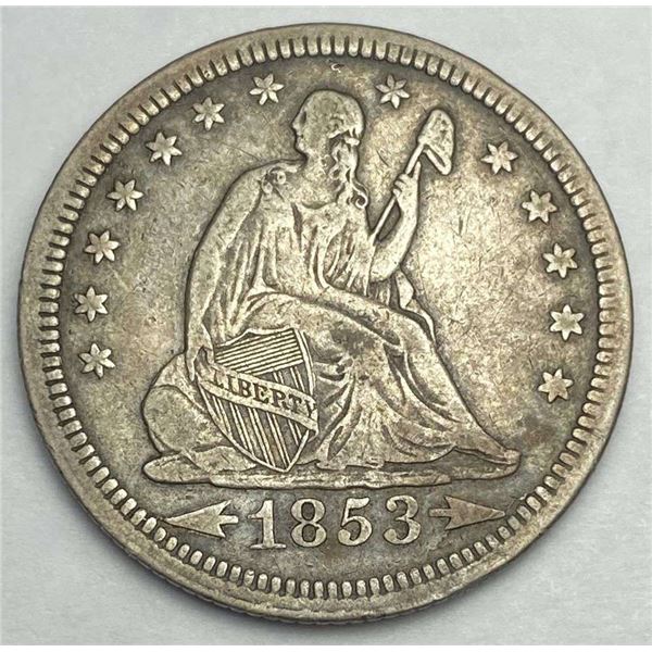 1853 Arrows & Rays Seated Liberty Quarter XF