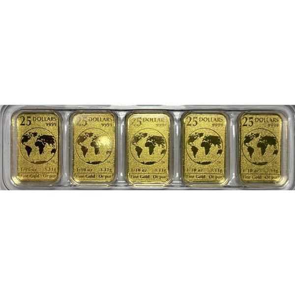 (5) 2016 Legal Tender Royal Canadian Mint 1/10 oz .9999 Gold Bars