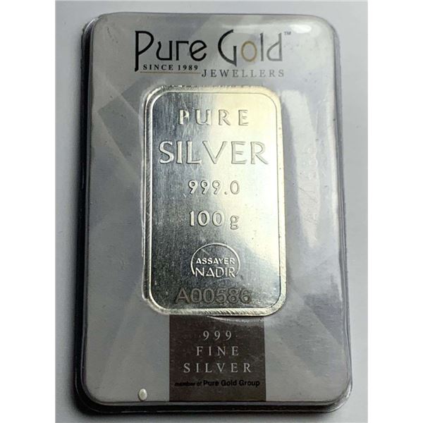 "Pure Gold Since 1989 Jewelers" 100g .999 Silver Bar