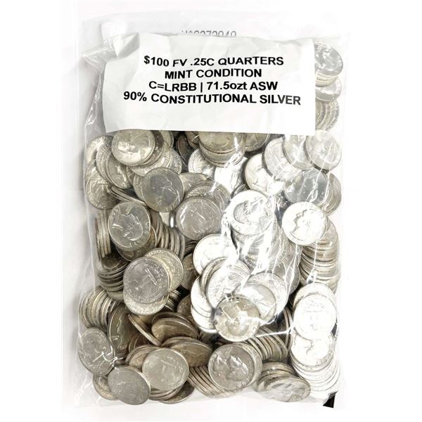 $100 Face Mint Condition 90% Silver Washington Quarters