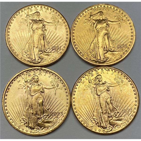 Fresh High Grade 1911-S-1927 Gold $20 Saint Gaudens (4-coins)