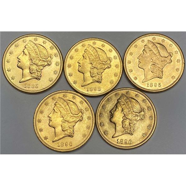 Fresh High Grade 1885-S-1896 Gold $20 Liberty Head (5-coins)